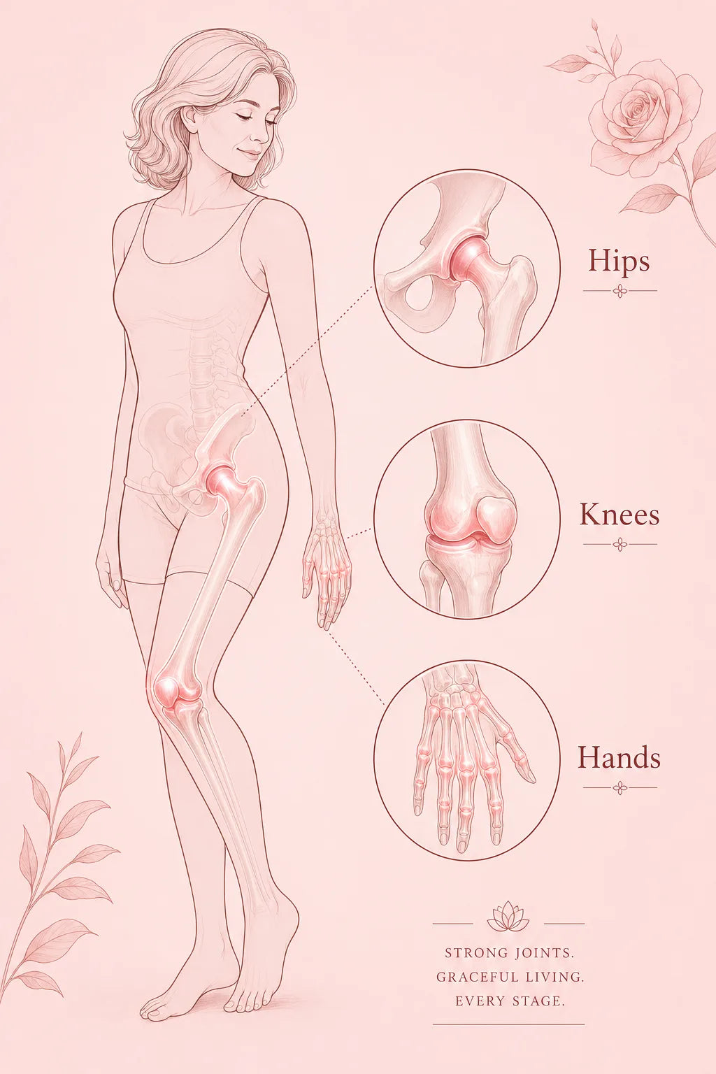 The midlife joints supported by the formula — hips, knees and hands