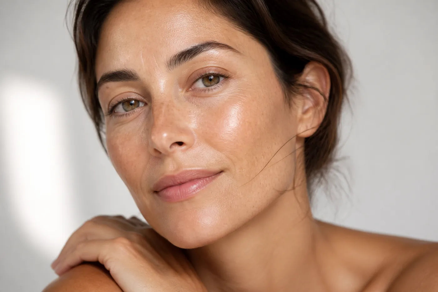 A woman with a temporary lit-from-within glow