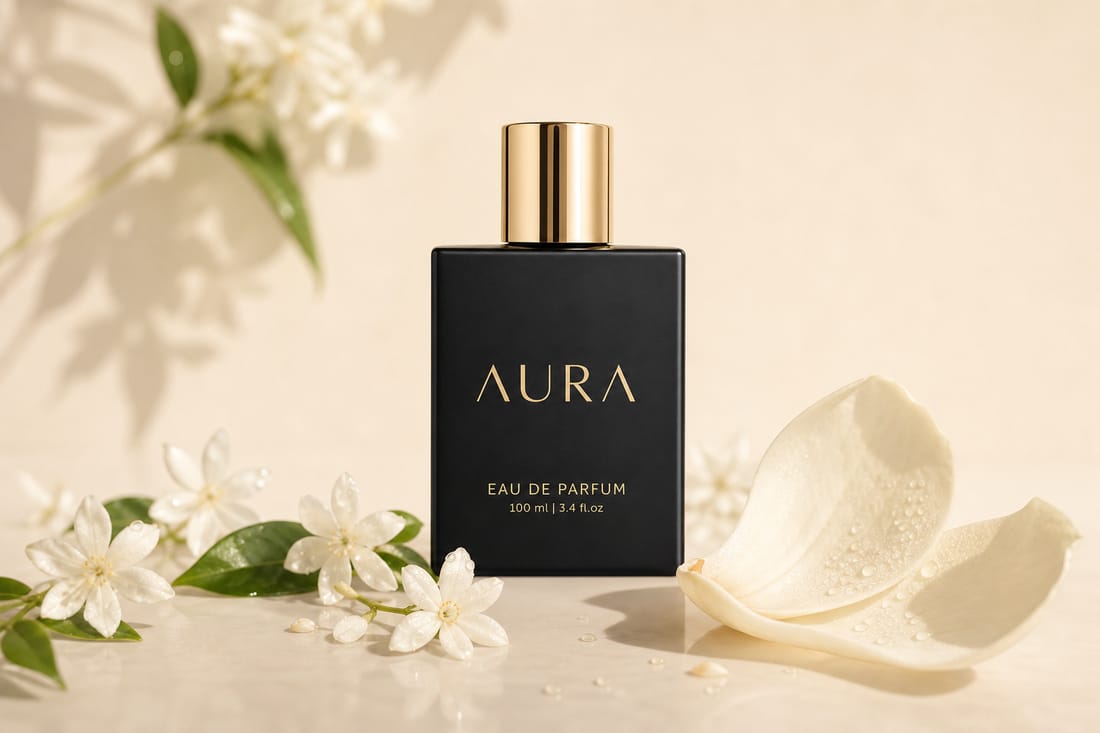 Aura eau de parfum with fresh jasmine blossoms — the Hedione molecule