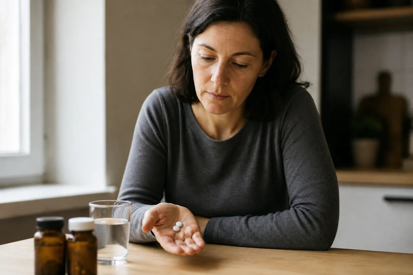 A woman looking at two tablets in her hand at a kitchen table