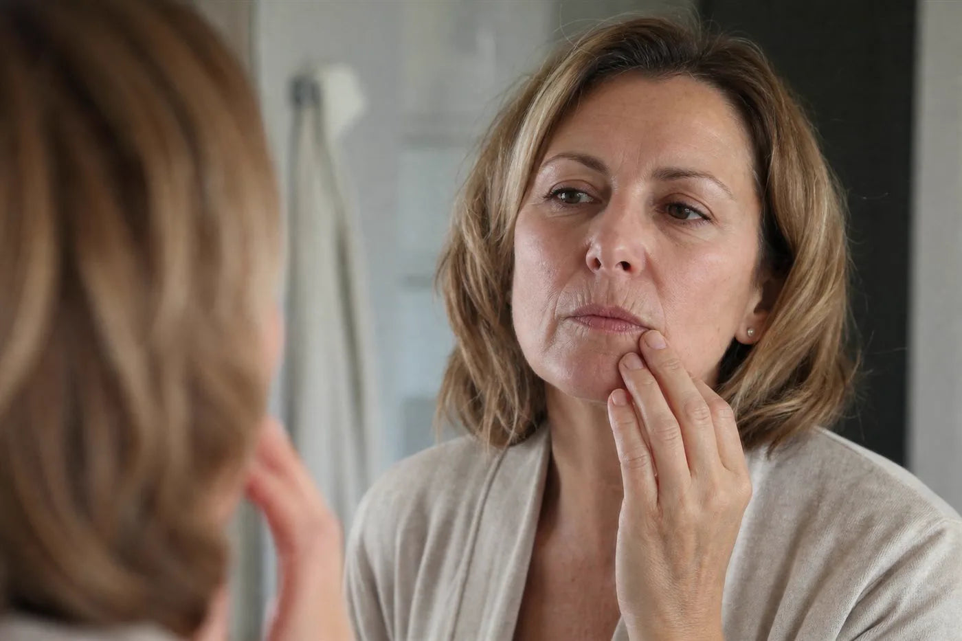 A woman studying the fine lines around her mouth in the bathroom mirror