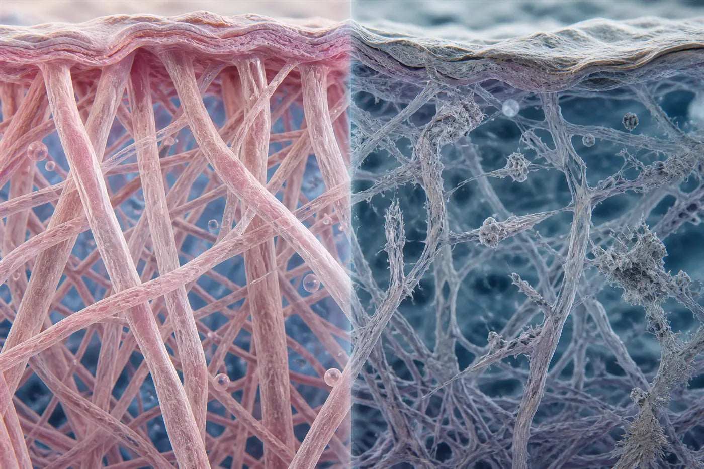 Close-up comparison of healthy dense collagen fibers versus frayed, broken collagen